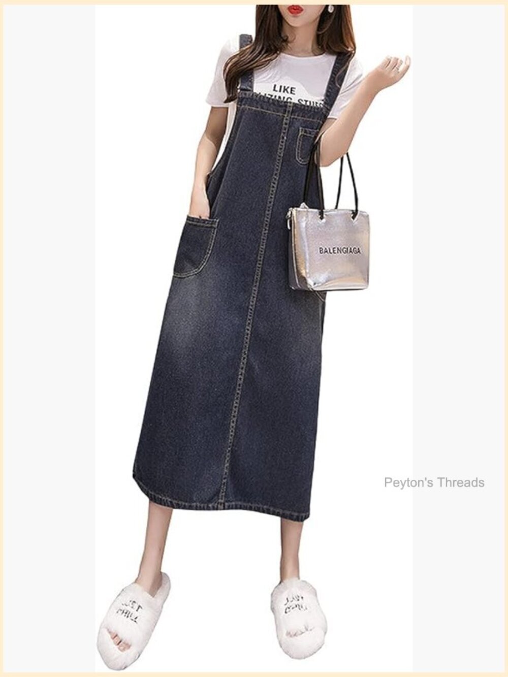 Women's Denim Overalls Dress with Pockets Midi Length